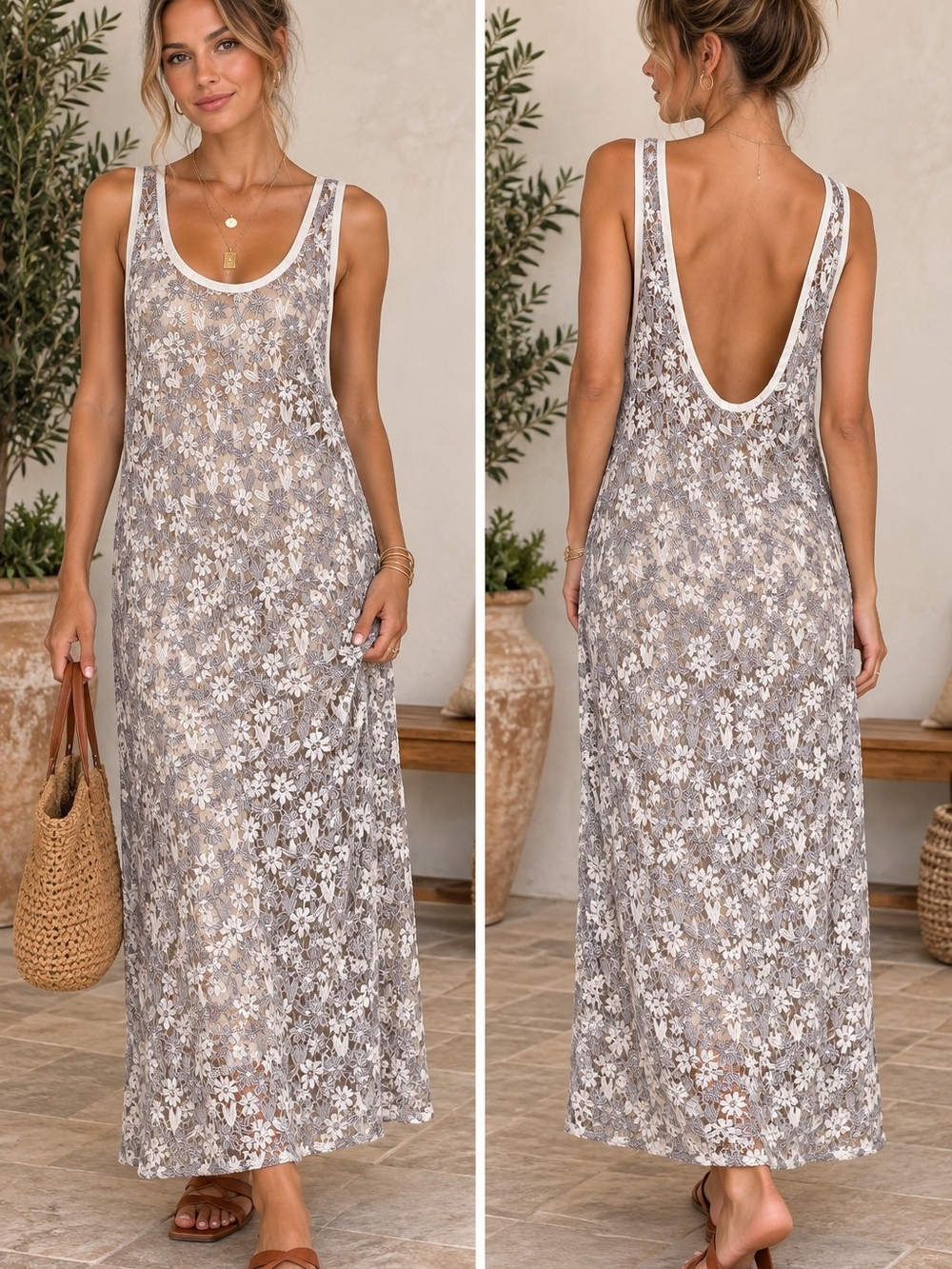 Spick & Span Flower Lace Tank Onepiece - Gray/White